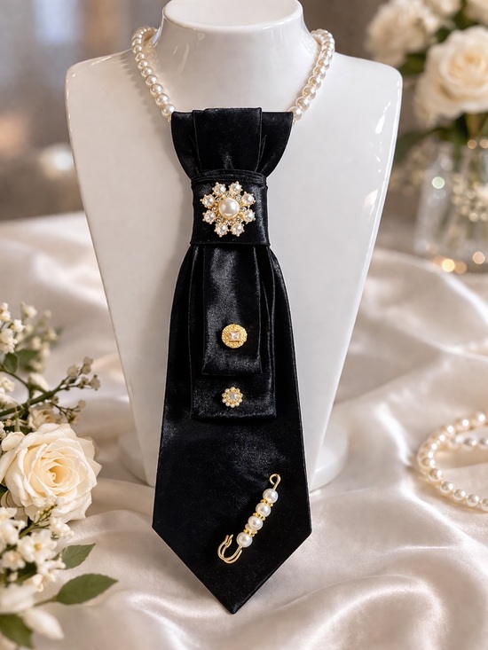 None Jewelry - Black Satin Tie Necklace Pearl Statement Jewelry